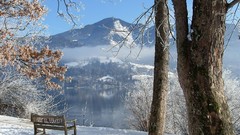Landscapes nature Trees snow winter Mountains bench
