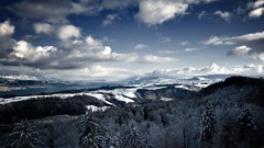 Landscapes nature Trees snow winter Mountains clouds panorama 