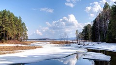 Landscapes nature Trees snow winter water clouds reflections 
