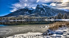 Landscapes nature Trees snow winter water Mountains clouds 