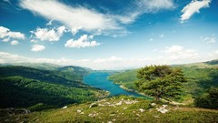 Landscapes nature Trees water blue clouds hills white Green 