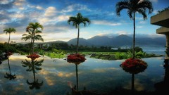 Landscapes nature Trees water blue clouds ocean dawn hills Bora 