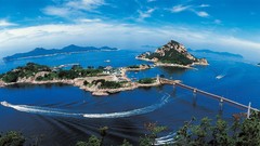 Landscapes nature Trees water blue clouds ocean hills white 