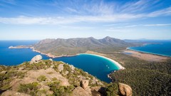 Landscapes nature Trees water blue clouds ocean hills white 
