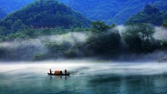 Landscapes nature Trees water blue hills Green China fishing 