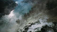 Landscapes nature Trees water blue hills white China canyon 
