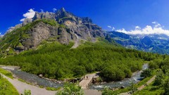 Landscapes nature Trees water blue Mountains clouds white Green 