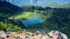 Landscapes nature Trees water blue Mountains Green lakes Trails 