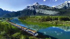 Landscapes nature Trees water blue Mountains Green railway 