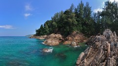 Landscapes nature Trees water blue ocean Green rocks Beaches