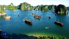 Landscapes nature Trees water blue ocean hills Green Boats 