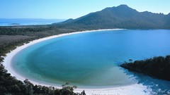Landscapes nature Trees water blue ocean hills white paradise 