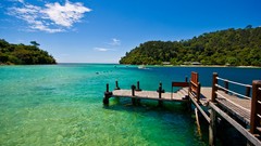 Landscapes nature Trees water clouds hills white Green bay 