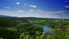 Landscapes nature Trees water clouds hills white Green rocks 