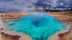 Landscapes nature Trees water clouds hole Wyoming Yellowstone 