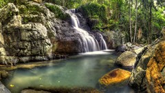 Landscapes nature Trees water Green moss lagoon waterfalls 