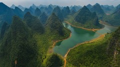 Landscapes nature Trees water hills Green China lakes peaks 