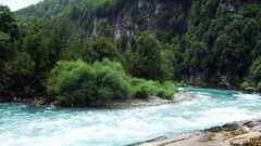 Landscapes nature Trees water hills white Green Turquoise rocks 