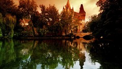 Landscapes nature Trees water lakes reflections Castles