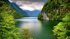 Landscapes nature Trees water Mountains clouds hills Green lakes