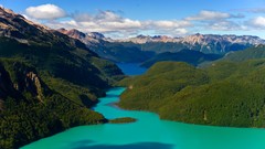 Landscapes nature Trees water Mountains clouds hills white 