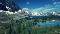 Landscapes nature Trees water Mountains clouds lakes pine trees