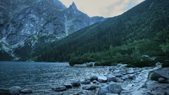 Landscapes nature Trees water Mountains clouds rocks lakes sea 