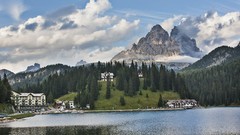 Landscapes nature Trees water Mountains clouds white Green 
