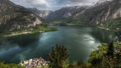 Landscapes nature Trees water Mountains clouds white Green 