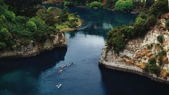 Landscapes nature Trees water Sports New Zealand cliffs kayak 