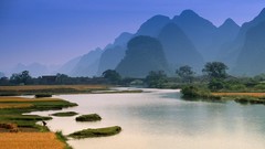 Landscapes nature Trees water sun Mountains vegetation Plants 