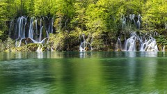 Landscapes nature Trees water white Green lagoon waterfalls 