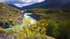 Landscapes nature Trees yellow gray water Mountains clouds red 