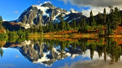 Landscapes nature Trees yellow snow blue Mountains red white 