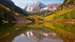 Landscapes nature Trees yellow snow water Mountains autumn 