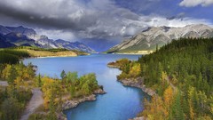 Landscapes nature Trees yellow water blue Mountains clouds 