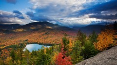 Landscapes nature Trees yellow water blue Mountains clouds red 