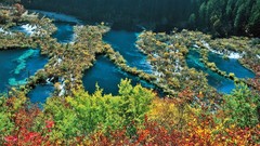 Landscapes nature Trees yellow water blue red Green China lakes 