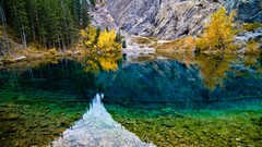 Landscapes nature Trees yellow water Mountains Green Turquoise 