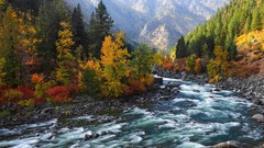 Landscapes nature Trees yellow water Mountains red autumn white 