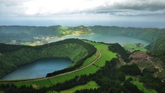 Landscapes nature water blue clouds Green Islands crater roads 