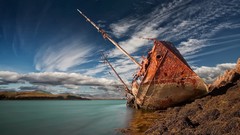 Landscapes nature water blue clouds hills white Green Boats 