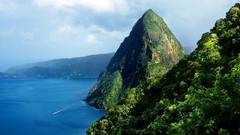 Landscapes nature water blue clouds ocean hills Green Plants 