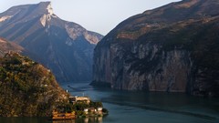 Landscapes nature water China ships Plants canyon cliffs houses 