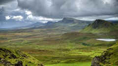 Landscapes nature water clouds hills Green lagoon skies valleys