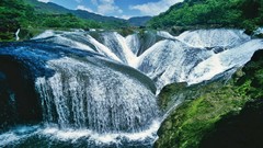 Landscapes nature water clouds hills white Green moss 