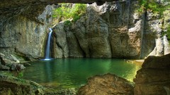 Landscapes nature water Green Plants lagoon waterfalls rocks 