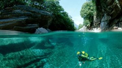 Landscapes nature water lakes forests split-view scuba diving