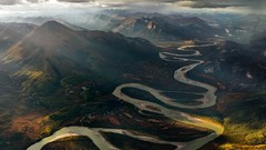 Landscapes nature water Mountains clouds Alaska sun rays 