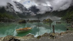 Landscapes nature water Mountains clouds Boats lakes forests